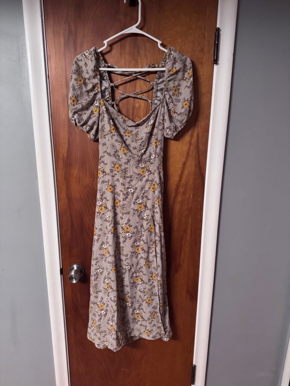 GUC Forever 21 Taupe Midi Dress with Yellow Floral Print and Puff Sleeves